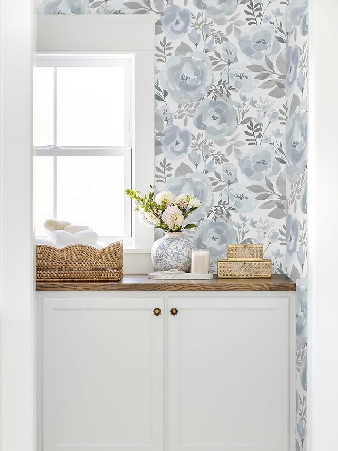 Orainege Floral Wallpaper Peel and Stick Wallpaper Removable | 17.3inx196.8in Self Adhesive Wall Paper Boho Contact Paper Decorative Wallpaper for Bedroom Bathroom Decor Vinyl,Blue - Image 3
