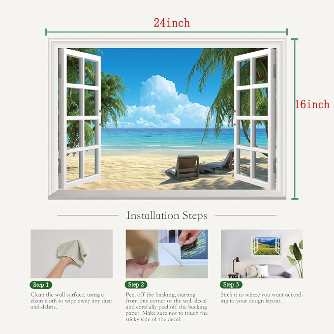 ‌Lmyhome Fake Window Wall Mural Summer Blue Sky White Beach (16"x24") | Peel and Stick Faux Window Wall Sticker Decal Poster for Bedroom Home Decor - Image 3