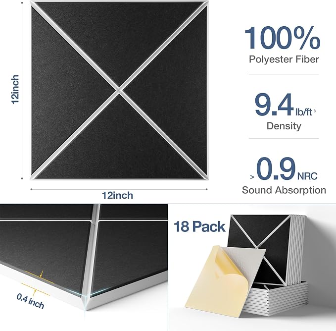 18 Pack Acoustic Panels, 12" x 12" x 0.4" X-Line Soundproof Wall Panels | Self-Adhesive, High-Density, Easy Install, Cuttable, For Bedroom, Living Room, Home & Office, Black on White - Image 4