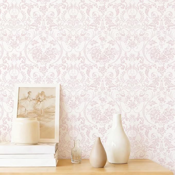 Ismoon Peel and Stick Wallpaper Pink Contact Paper 17.3in x 6.56ft Vintage Floral Wallpaper Boho Damask Removable Textured Wall Paper for Bedroom Bathroom Shelf Cabinet Décor by Ismoon
