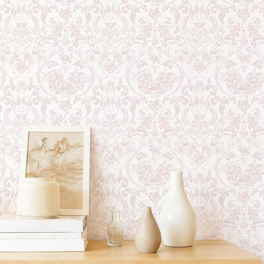 Ismoon Peel and Stick Wallpaper Pink Contact Paper 17.3in x 6.56ft Vintage Floral Wallpaper Boho Damask Removable Textured Wall Paper for Bedroom Bathroom Shelf Cabinet Décor by Ismoon