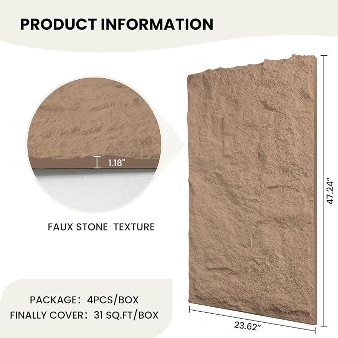 3D Faux Stone Wall Panels, 1.18" (30MM) Extra Thick PU Stone Panels for Interior Wall Decor, 4 Pack Waterproof Lightweight Cement Texture Accent Wall Panels, 47.2" x 23.6", Sandstone Yellow - Image 2