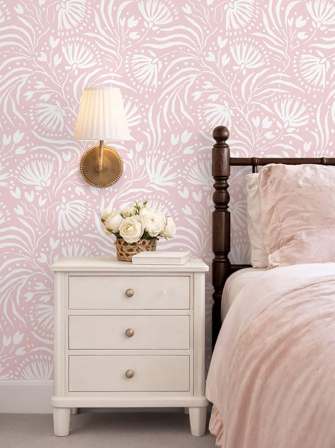 Ismoon Boho Peel and Stick Wallpaper Pink Floral Contact Paper Boho Stick on Wall Paper Textured Removable Self Adhesive Vinyl Wallpaper for Bedroom Bahtroom Wall Decor 17.3x196in - Image 2
