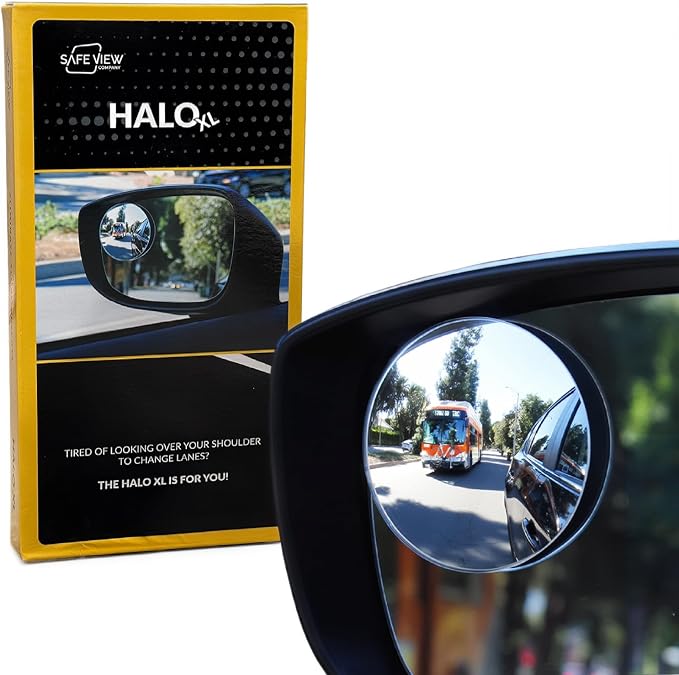 Blind Spot Mirrors for Cars - by Safe View Company - Change Lanes w Confidence - Made from Real Convex Glass - Long Lasting - Easy Peel & Stick (Halo XL) by Safe+View+Company