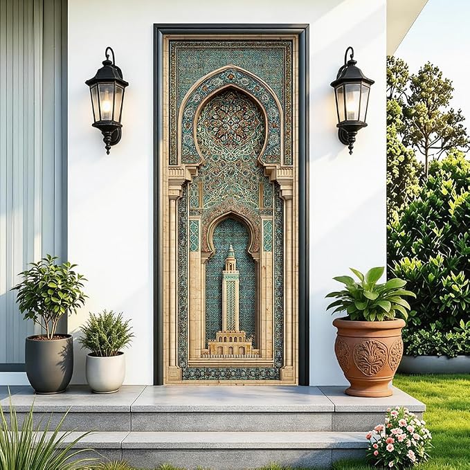Moorish Arch Door Mural, Turquoise Mosaic Minaret Door Cover | Waterproof PVC, 30.3" W x 78.7" L; ornate arch design for entryway, bedroom, study, office or closet doors. by Cmialusie