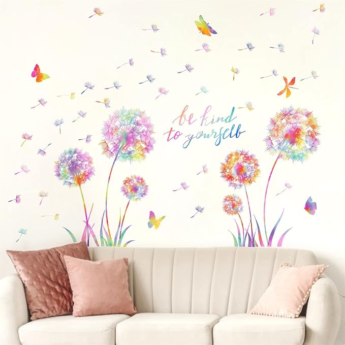 Large Dandelion Wall Decals Colorful Flower Art Stickers Peel and Sticks | wall stickers, floral dragonfly butterfly decor, removable vinyl, inspirational quotes, for kids girl bedroom living room by HATARU