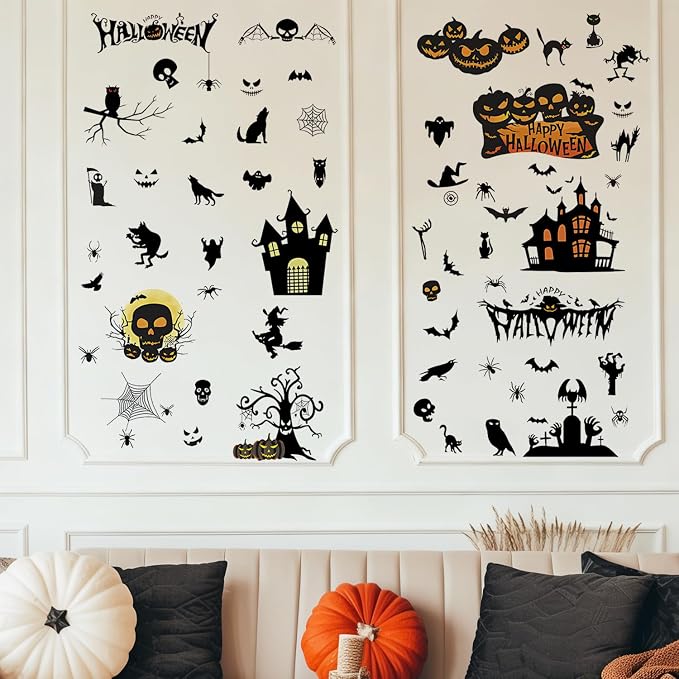Halloween Wall Decals Stickers, Black Haunted Castle Pumpkin Skeleton Window Clings, Removable Spooky Spider Web Witch Silhouette Wall Stickers for Party Home Decor - Image 7