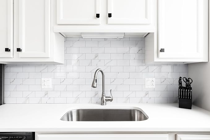 StyloVue 100 Pieces Peel and Stick Backsplash for Kitchen, 3" x 6" PVC Subway Tile 2026 Upgraded Glossy White Marble with White Grout Backsplash Stick on Tile Elevate Kitchen Fireplace RV - Image 2