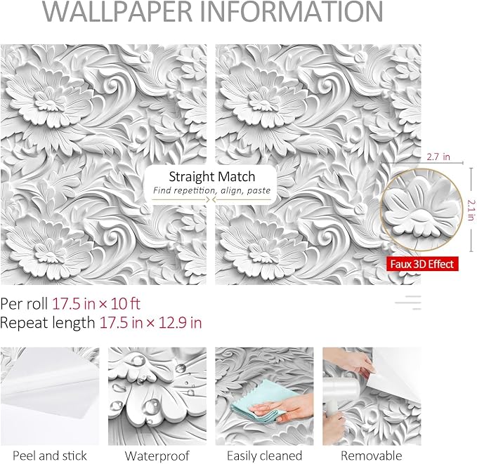 ReWallpaper Faux 3D Wall Panels Peel and Stick Wallpaper Modern Flat 3D Effect Wall Mural Removable Art Decor Gray Floral Ceiling Wallpaper for Bedroom Bathroom Waterproof Contact Paper 17.5inx10ft - Image 8