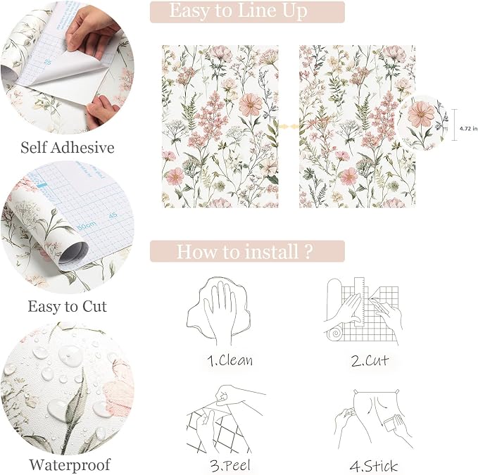 Orainege Pink Floral Peel and Stick Wallpaper Self Adhesive Wallpaper | 16.9inx196.8in Modern Wall Paper for Bedroom Bathroom Green Leaf Contact Paper for Cabinets Removable - Image 5