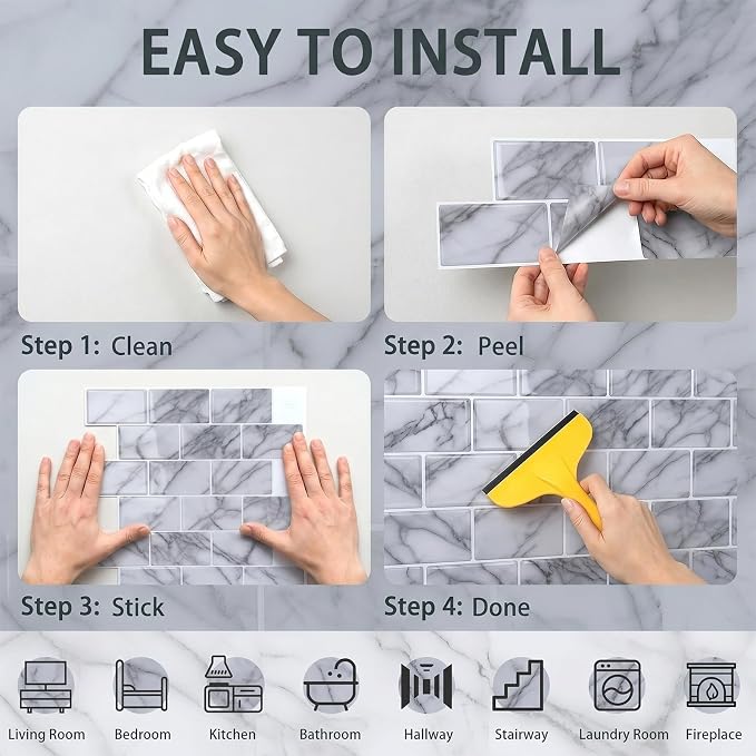Arttown Peel and Stick 3D Wall Backsplash 10-Sheet, 12" × 12" Marble White | Subway Tile Self Adhesive Thicker Design Wall Tiles Panel Wallpaper for Kitchen Balcony Bathroom Rental Housing - Image 6