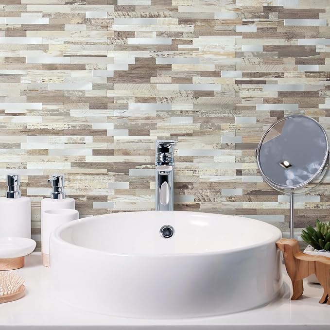 AULIGET Peel and Stick Backsplash, Beige Wood Look PVC Mixed Metal Stick on Bathroom Backsplash, 2 - Image 4