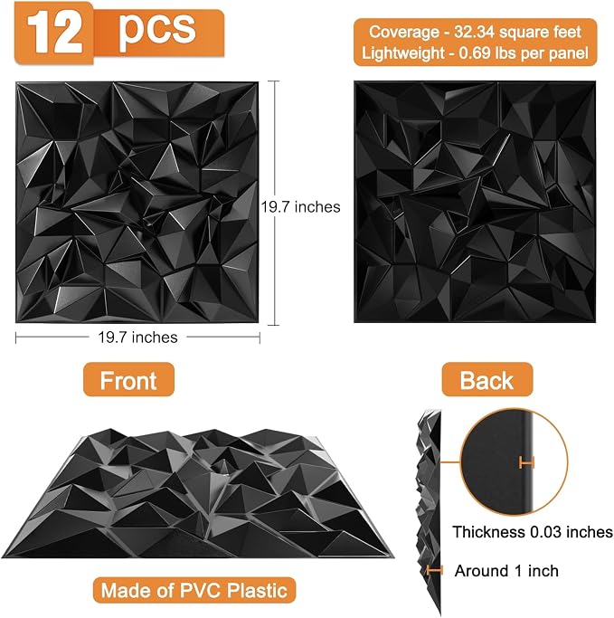 TroyStudio Acoustic Sound Diffuser Panels, 19.7 X 19.7 X 1 inches 12 Pcs Black PVC Plastic 3D Wall Panel, Recording Studio Acoustical Treatment Diffusion panel, Art Decorative Ceiling Tiles - Image 2