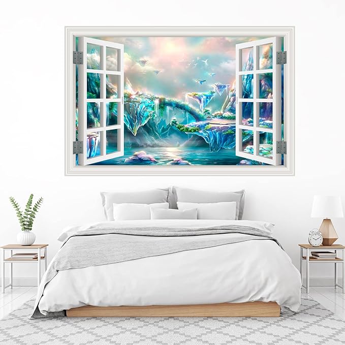 ‌Lmyhome Fake Window Wall Mural Fantastic Fairy Tale Waterfall (48"x32") | Peel and Stick Faux Window Wall Sticker Decal Poster for Bedroom Home Decor - Image 4