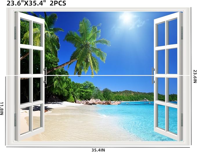 Self-Adhesive Wall Sticker Romantic Living Room Bedroom Study Office Decorative Wall Sticker Ocean Scenery Fake Window Sticker Mural (Palm Beach, 23.6"×35.4") - Image 2