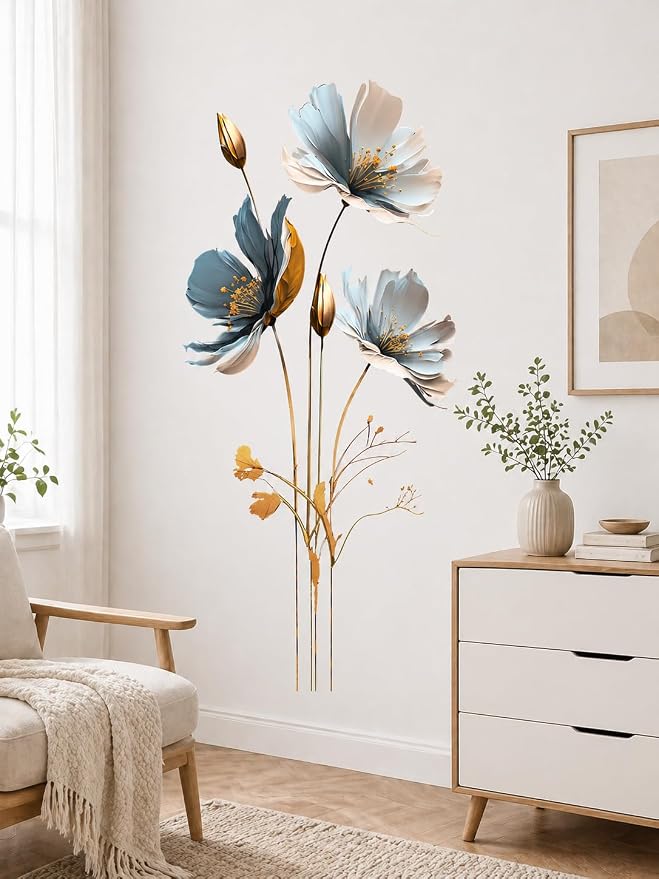 Blue & Gold Floral Wall Decal for Bedroom Living Room, Semi-Transparent Vinyl Peel and Stick Wall Sticker, Waterproof Removable Modern Flower Wall Art for White Walls - Image 2