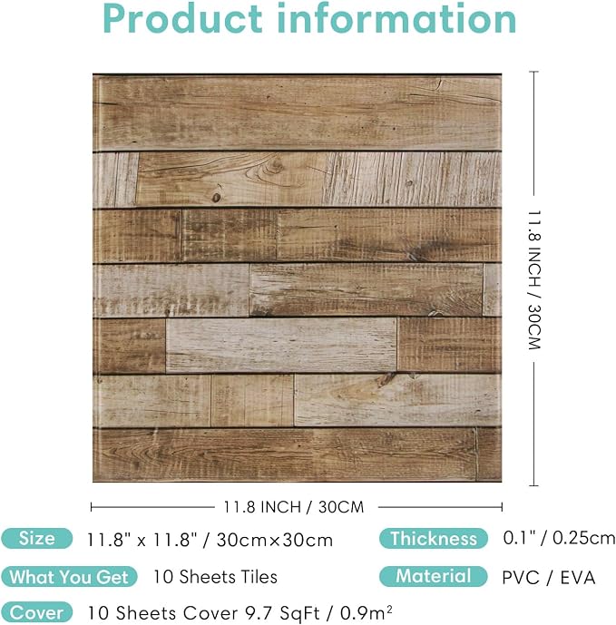 Commomy Faux Wood 3D Peel and Stick Tiles - 10 Pcs 11.8"x11.8" | Wood Wall Stickers Tiles Ultralight PVC Wall Paneling for Bedroom, Bathroom, Kitchen Backsplash (9.7 sq.ft) - Image 6
