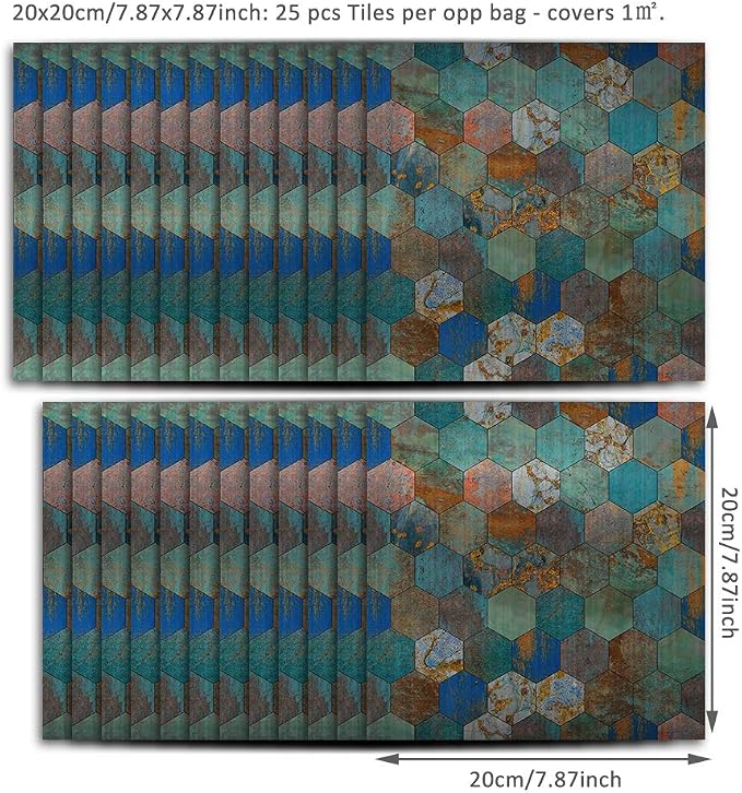 Alwayspon 25 Pcs Brushed Silver Self-Adhesive Hexagon Tile Transfer, Peel and Stick Water-Proof Backsplash Wall Tile Sticker for Kitchen Bathroom Decor, Blue Rust, 8x8inch - Image 5