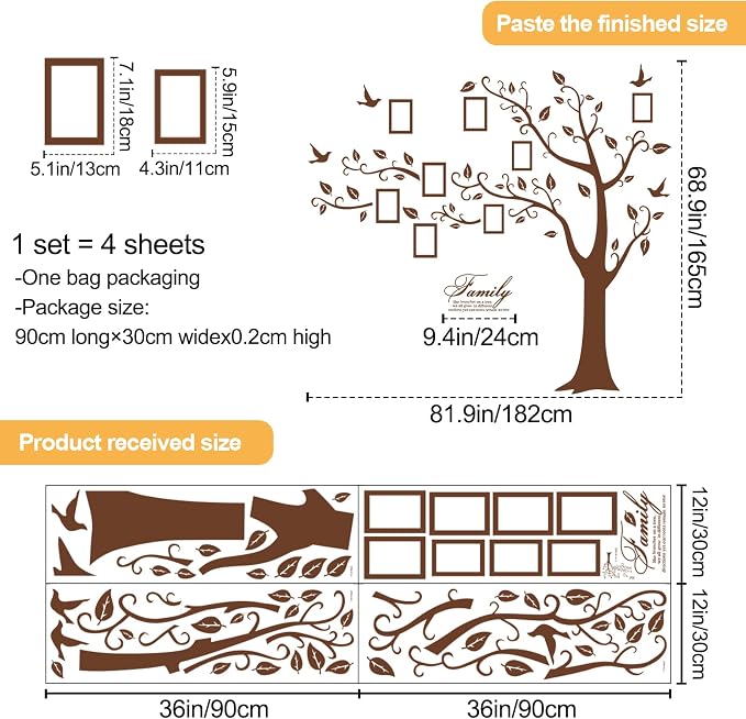 Large Family Photo Tree Wall Sticker 3D Peel and Stick Vinyl Photo Frame Tree Wall Decals Removable Quotes Leaf and Birds Wall Decor for Home Kids Bedroom Living Room Classroom Nursery (Left, Brown) - Image 2