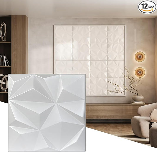 Wall!Supply 3D Geo Lite Wall Panels, 12-Pack, White | Lightweight XPS Foam, Wallpaper Alternative, Easy DIY Installation, Covers 32.29 Sq Ft, for Living Room, Bedroom, Office by WallSupply