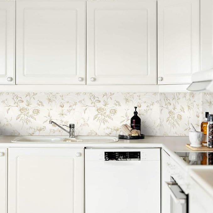 Ismoon Peel and Stick Wallpaper Floral Vintage Stick on Wall Paper Beige French Textured Contact Paper for Cabinet Removable Self Adhesive Wallpaper Vinyl Roll Shelf Deco, 17.3x118in - Image 2