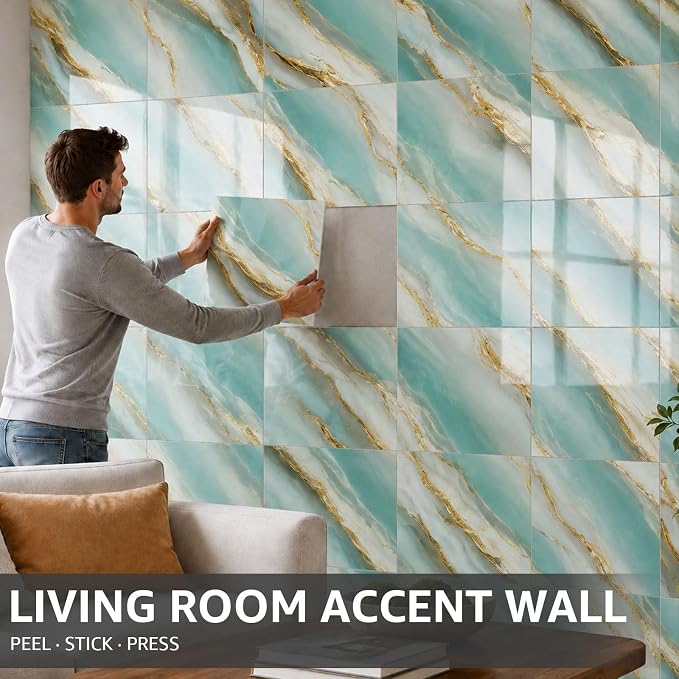 WADILE 20PC Waterproof Peel and Stick Wall Panels 11.8 x 11.8 Green | Marble look, Self adhesive, PVC Panels, Lightweight Foam Wall Panels, Bathroom, Kitchen, Not Real Tile - Image 8