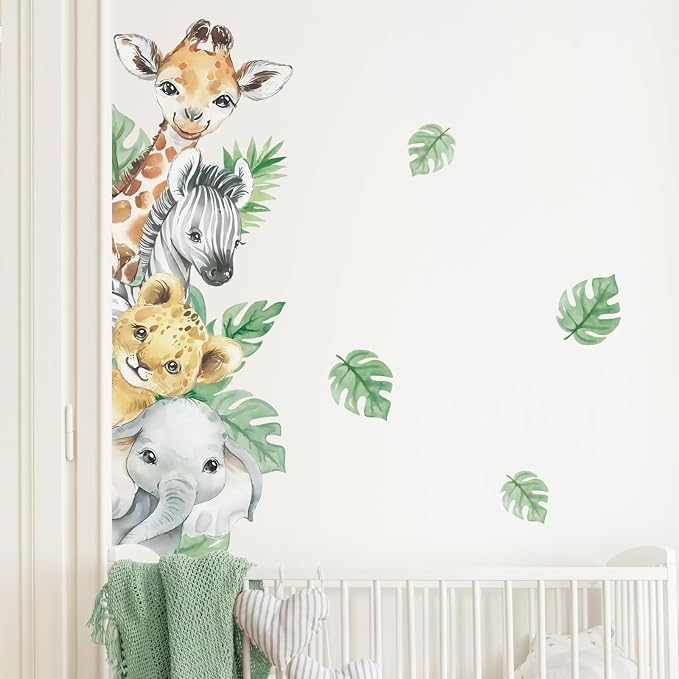 Supzone Jungle Animal Wall Stickers - Cartoon Animal Wall Decals with Giraffe, Zebra, Elephant & Green Leaves - Wall Art Stickers for Kids, Baby Nursery, Bedroom, Playroom & Kindergarten Decor by Supzone
