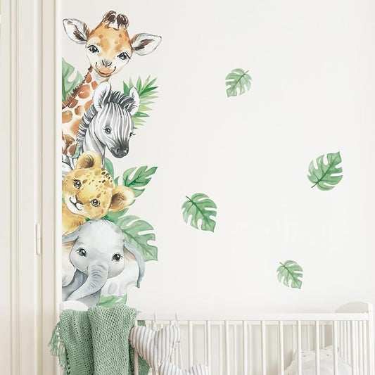 Supzone Jungle Animal Wall Stickers - Cartoon Animal Wall Decals with Giraffe, Zebra, Elephant & Green Leaves - Wall Art Stickers for Kids, Baby Nursery, Bedroom, Playroom & Kindergarten Decor by Supzone