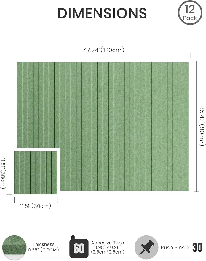 Bumusty 48"x 36" Large Felt Bulletin Board Tiles, Moss Green | 12-Pack Cork Board Alternative, Wall Decor, 30 Pushpins, 60 Adhesive Tabs, Vision Board, Office, Classroom, Home, Dorm - Image 2