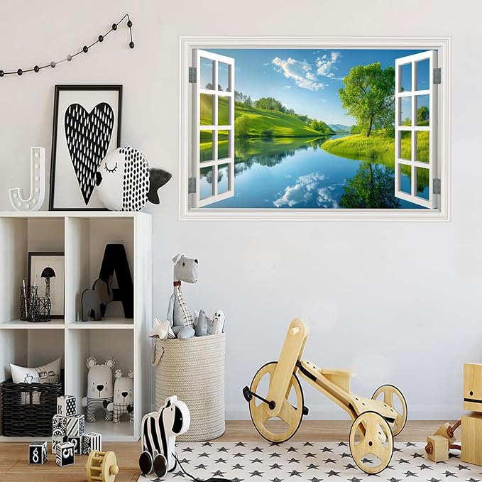 Fake Window Wall Decal- Lake Green Tree Grassland Open Wall Art Sticker | Faux Window Grassy Hills Natural Scenery Landscape Mural｜ Stick and Peel Wall Decals｜for Room Bedroom Office Decor｜24"x16" - Image 6