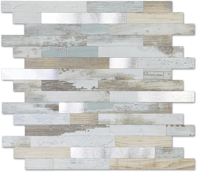 Yipscazo 20 Sheets Peel and Stick Wood Metal Tile Backsplash, Stick on Tiles for Backsplash Kitchen, Bathroom, Laundry Room, Camper, Fireplace (12'' X 12'', White Wood with Metal) by Yipscazo