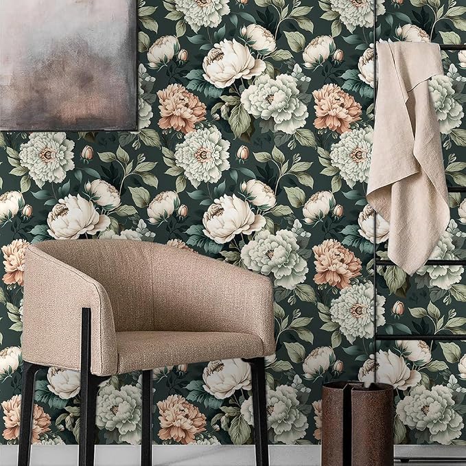 Dark Green White Peonies Vintage Floral Peel and Stick Wallpaper Wall Decor Self Adhesive Wall Paper Stick on Easy Peel Off Contact for Renter Apartment - Image 3