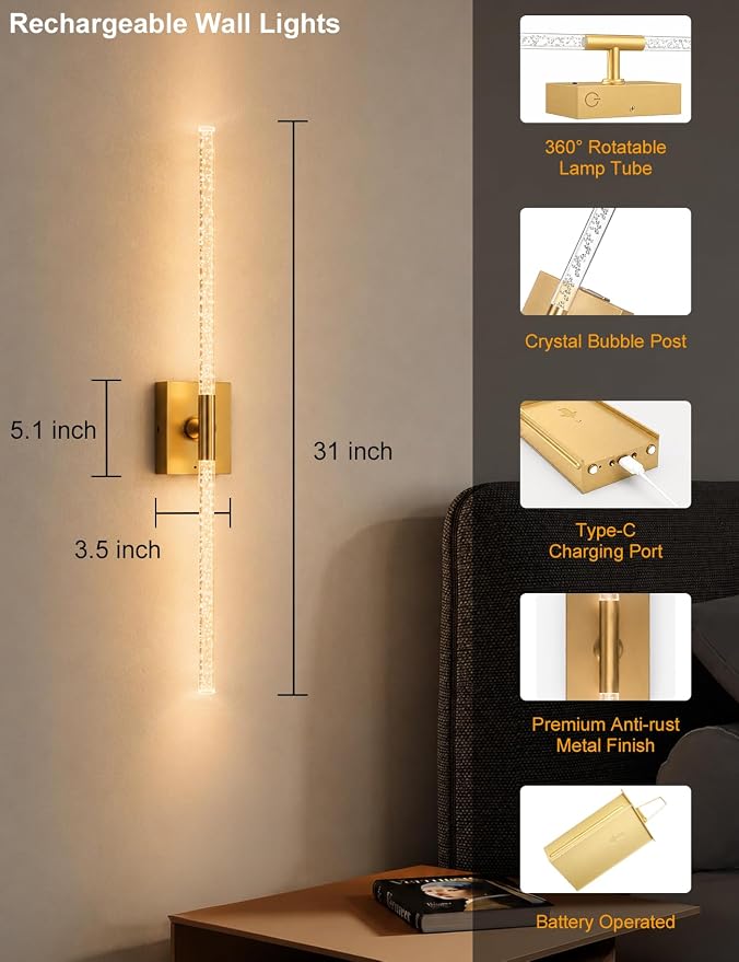 Rechargeable Wall Sconces Set of 2, Gold Crystal Bubble Wireless Wall Light | 10000mAh, Remote Control, 3000K-6000K Dimmable, 360° Adjustable, Ambient Lighting for Living Room, Bedroom, Picture, Bathroom - Image 7