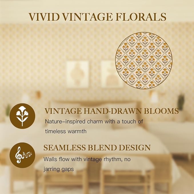 Dimoon 787.4"x17.3" Peel and Stick Wallpaper Floral Cute Contact Paper Vintage Village Country Cottage Wallpaper Farmhouse Yellow Beige Renter Friendly Geometry Waterproof Embossed Kitchen Bedroom - Image 3
