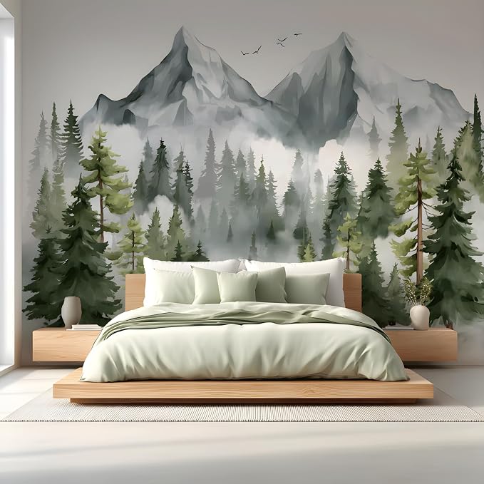 ASJ Forest Peel and Stick Wallpaper Mural, Watercolor Misty Mountain Blue | Seamless edge-to-edge match. Pine tree birds nature artwork, 98x62 in, premium fabric, bedroom living room. by ASJWallpaper%EF%BC%86Murals