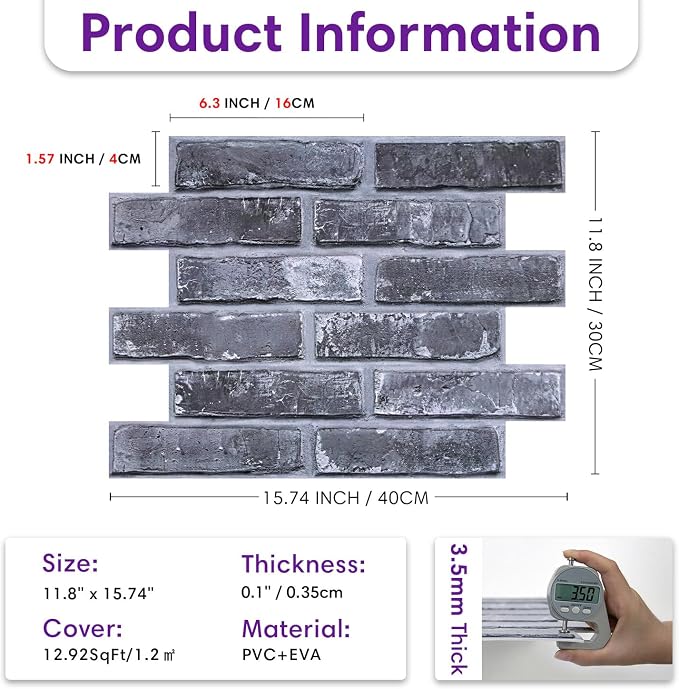 3D Faux Brick Wall Panels Peel and Stick, Designed for Quick DIY | Gray, 10 Pcs 15.7" x 11.8", Brick-Look, Ultra-Light PVC Fake Brick Wall Covering Tiles for Wall Renovation, Cover 12.9 sq ft - Image 5