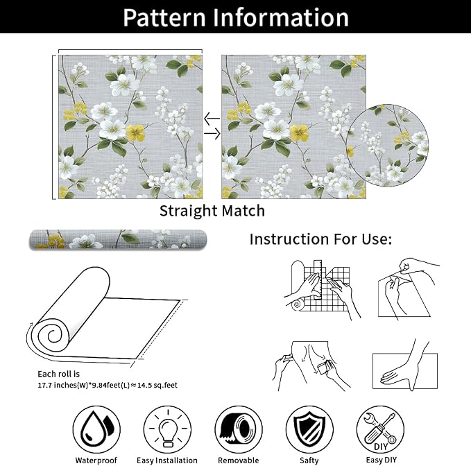 White Yellow Flowers Removable Self-Adhesive Wallpaper for Bedroom & Living Room Decor 17.7×118 Inch,Waterproof Wall Covering for Accent Walls, Apartment, Nursery - Image 9