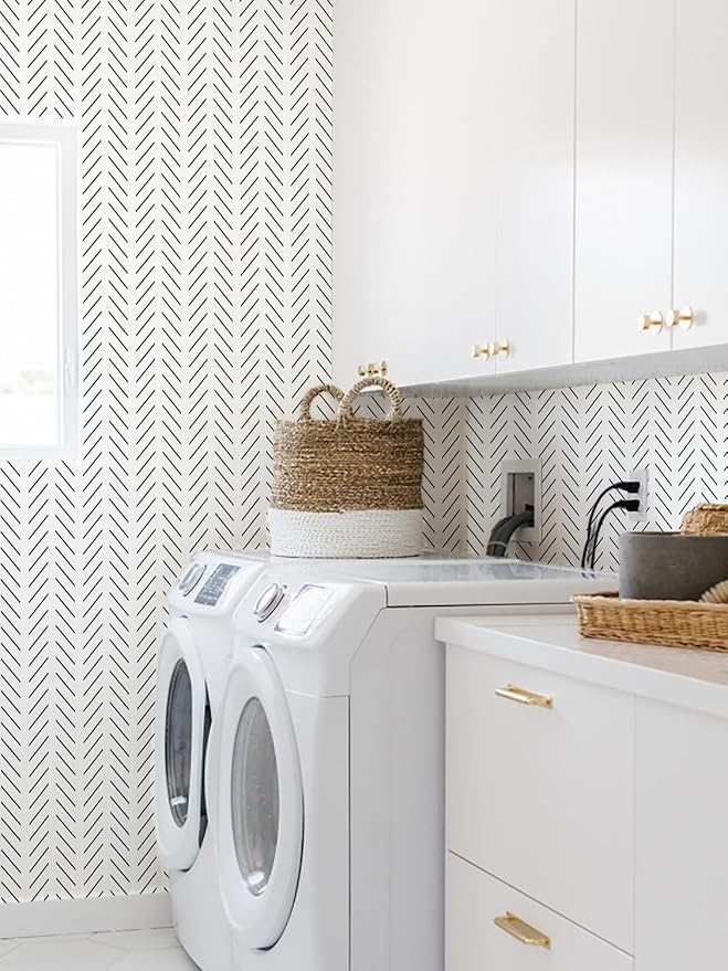 Orainege Black and White Wallpaper Peel and Stick Herringbone Contact Paper | for Bathroom 17.7 in x 78.7 in Self Adhesive Modern Geometric Wallpaper for Bedroom Living Room Removable - Image 8