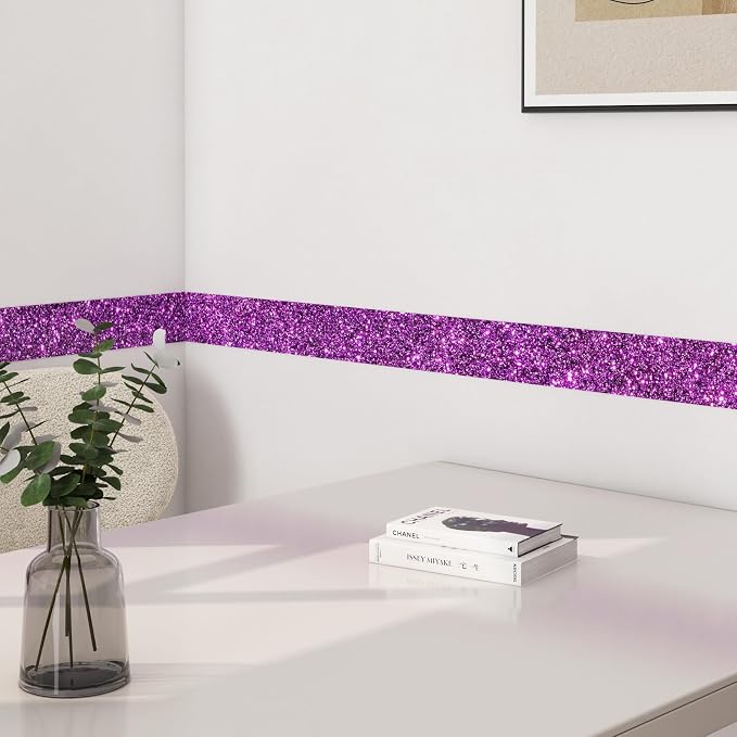 FunStick Violet Purple Glitter Wallpaper Border Peel and Stick Wall Border Trim Removable Room Mirror Border Peel and Stick Purple Glitter Contact Paper for Walls Decor Bulletin Board Fabric 3.9"x200" - Image 6