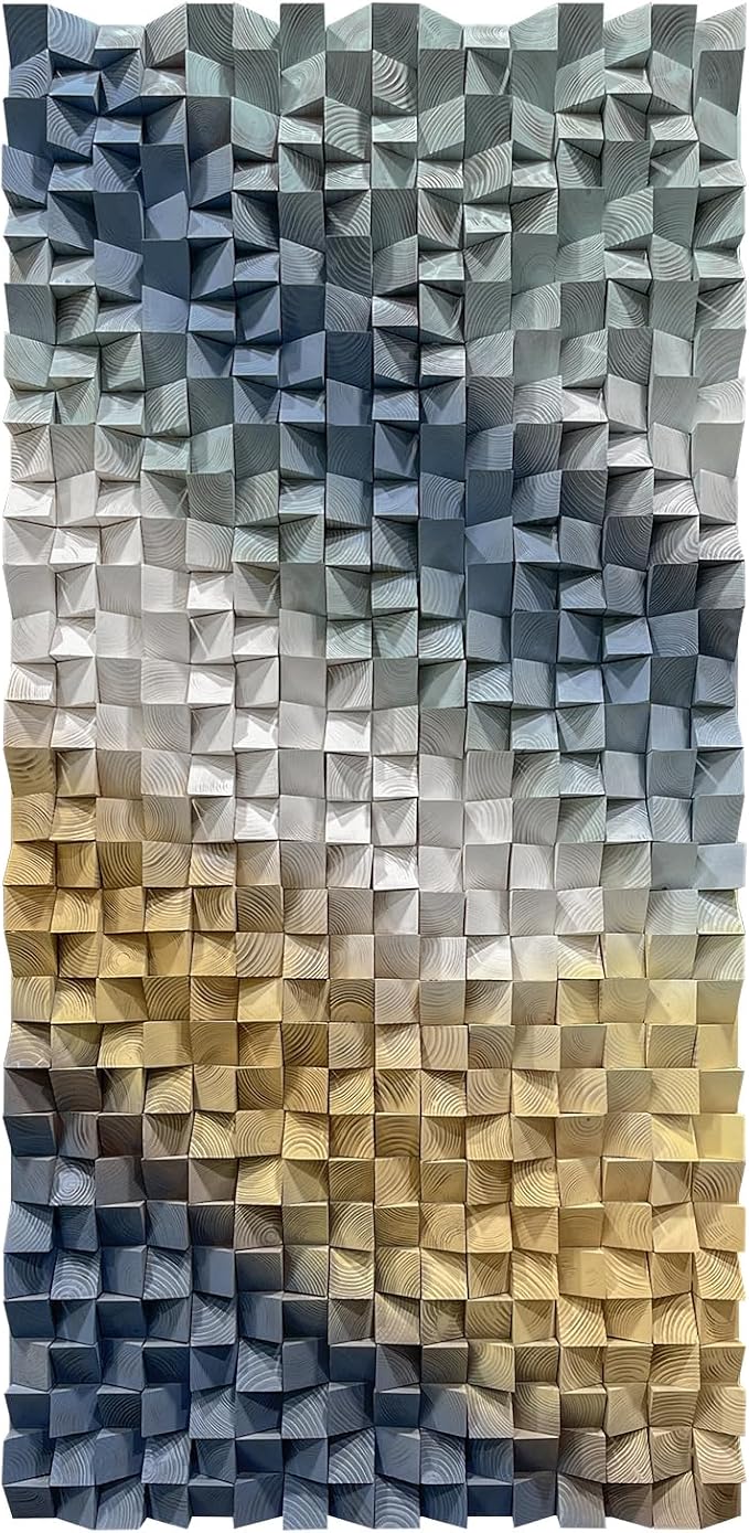 LIUZEYUE Extra Large Wood Block Art, Designed with Sculptural Mosaic Depth | wood wall art decor; deep blue and sand, hand-finished color; hotel lobby high-ceiling feature wall; 39.4 x 78.7 in - Image 2