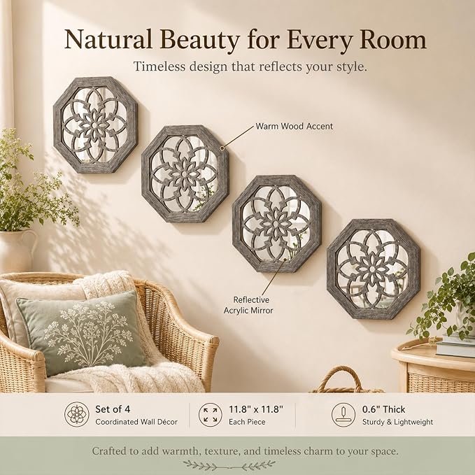 4 Pack 12 Inch Octagon Brown Rustic Wood Frame Acrylic Wall Mirrors, Farmhouse Boho Wall Art Decor for Living Room, Bedroom, Hallway, Entryway, Bathroom & Office - Image 8