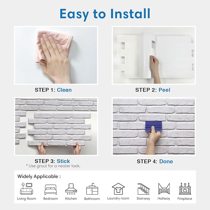 COMSTICKC 3D Faux Brick Wall Panel Peel and Stick Wall Covering | White with Gray Spots, 12 Pcs of 22.8" x 11.8", UrltraLight PVC 3D Brick Wall Stickers Tiles for Indoor Deocr, 22.48 sq.ft - Image 8