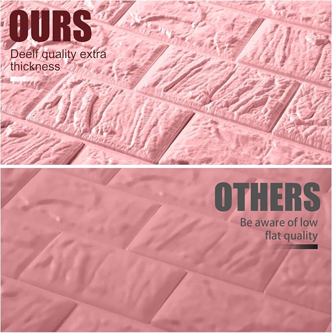 Colarr 60 Pcs 58 Sq ft 3D Wall Panels Peel and Stick Faux Foam 3D Brick Wallpaper Faux Paneling Adhesive Wall Covering Panels Decorative Medieval Tiles Waterproof for Bedroom(Pink) - Image 4
