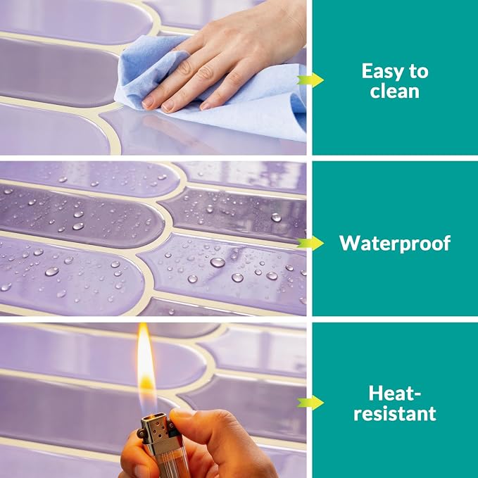 Joysticky 10-Sheet Peel and Stick Backsplash, 12" * 12" Crystal Texture Stick on Tiles Backsplash for Kitchen & Bathroom，Thicker Design Peel and Stick Wall Tiles（Light Purple） - Image 5