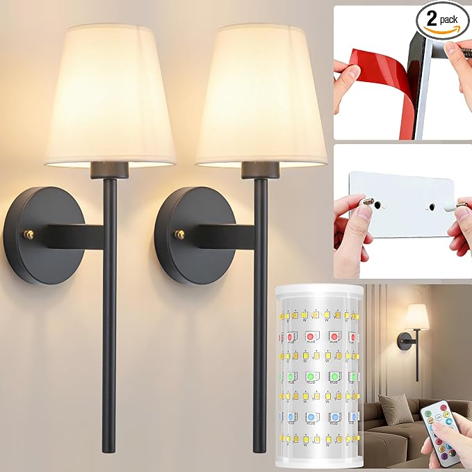 Nekhung Battery Operated Wall Sconce, Peel and Stick Sconces Set of 2 | Wireless Adhesive Stick On Wall Sconce, 10000mAh Rechargeable RGB Bulb with Remote, No Drill Wall Light for Bedroom Decor by Nekhung