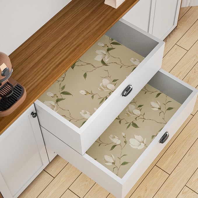 Laatse Vintage Leaf Wallpaper Peel and Stick 17.5" x 393", Khaki | Self Adhesive/Removable/Waterproof/Thick Vinyl Contact Paper for Bathroom Bedroom Shelf Cabinet Drawer,Prepasted,Easy Peel - Image 2