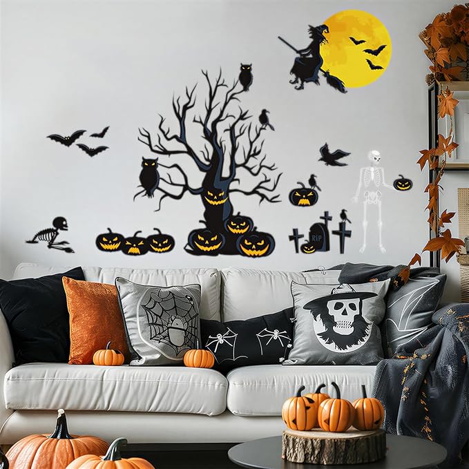 Halloween Wall Decals Large Spooky Dead Tree Pumpkin Wall Sticker Witch Flying to Moon Skeleton Bats Owl Graves Removable Vinyl Window Clings DIY Haunted House Holiday Home Party Decorations - Image 5