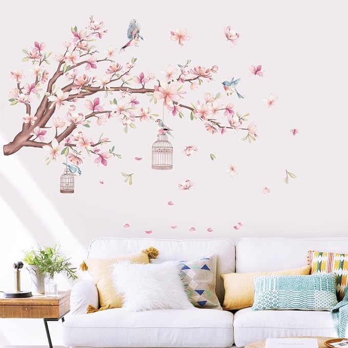 wondever Cherry Blossom Flowers Wall Stickers Pink Magnolia Floral Tree Branch Birds Peel and Stick Wall Art Decals for Living Room Bedroom TV Wall | Peel and Stick, Removable, Wall Art Decals, Wall Decoration, Living Room Bedroom, Office Sofa TV Home ... - Image 2