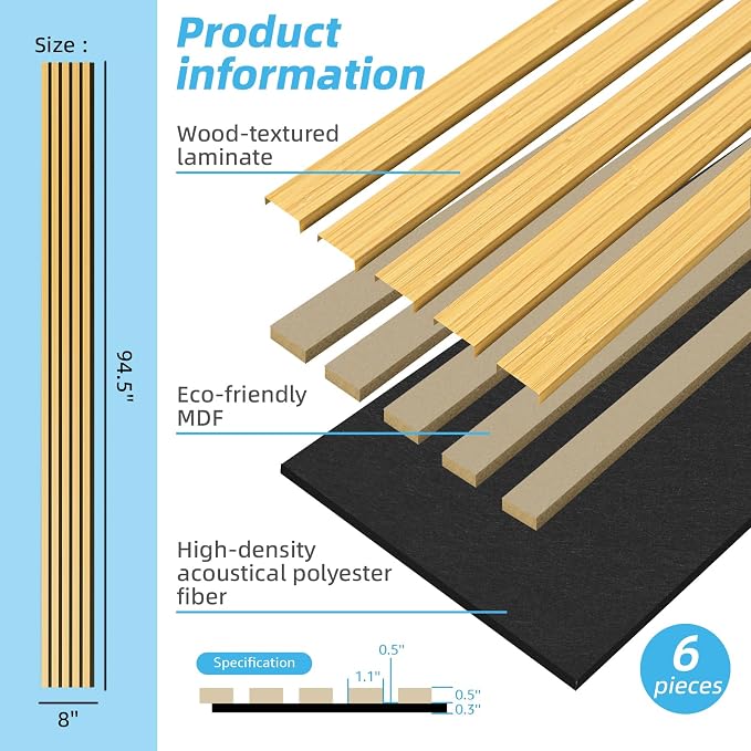 Art3d 6-Pack Soundproof Wood Slat Wall Panel, 94.5 x 7.9 in, Bamboo-Hued | Wood Grain Finish, Effortless Setup, Sustainable, Long-Lasting, Noise Reduction, Easy Care, for Living Room, Bedroom, Office - Image 6