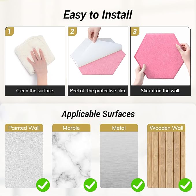 12 Pack High Density Hexagon Acoustic Panels, TONOR 12"x 10"x 0.4" Soundproof Wall Panels, Sound Absorbing Panels for Interior Wall Décor, Peel and Stick Modern for Studio, Office, Home, Pink - Image 6